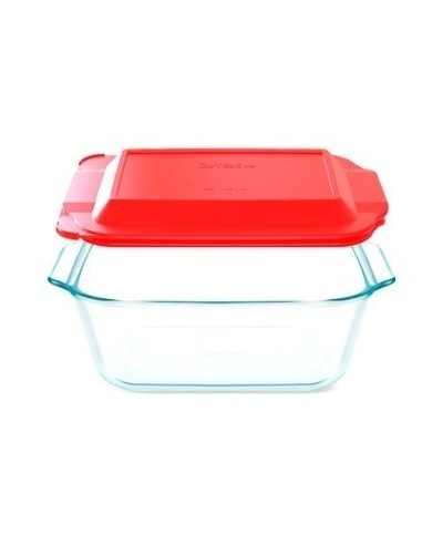 Fuente Rectangular Deep Con Tapa Roja - 1,9 L  Cuadrada  " Pyrex "  20,5 Cm × 20,5 Cm × 3 Cm 