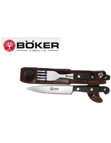 Cuchillo   Y   Tenedor     " Boker Arbolito "  Cabo Negro Acetal  - Funda Cuero  -  Ind. Arg.  Acero Aleman