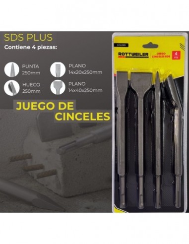 Cincel     Sds  Plus     250 Mm  * Kit  X 4 Unid 20 Mm    ø  14 Mm  " Rottweiler  "    P/ Rotomart.  T/  " De Walt " 