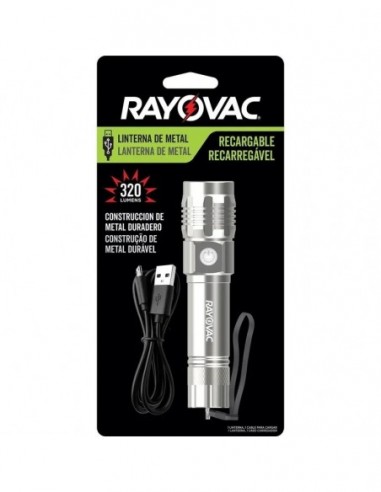Linterna   Recargable      Usb " Metal  " Rayovac  " 1 Led 320 Lum - 130 Mts   - Alta Y Baja 
